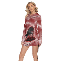 Bloody Thirsty Wolf All Over Print Women One Shoulder Dress With Waist Shirring, Long Hoodie For Women - Wonder Skull