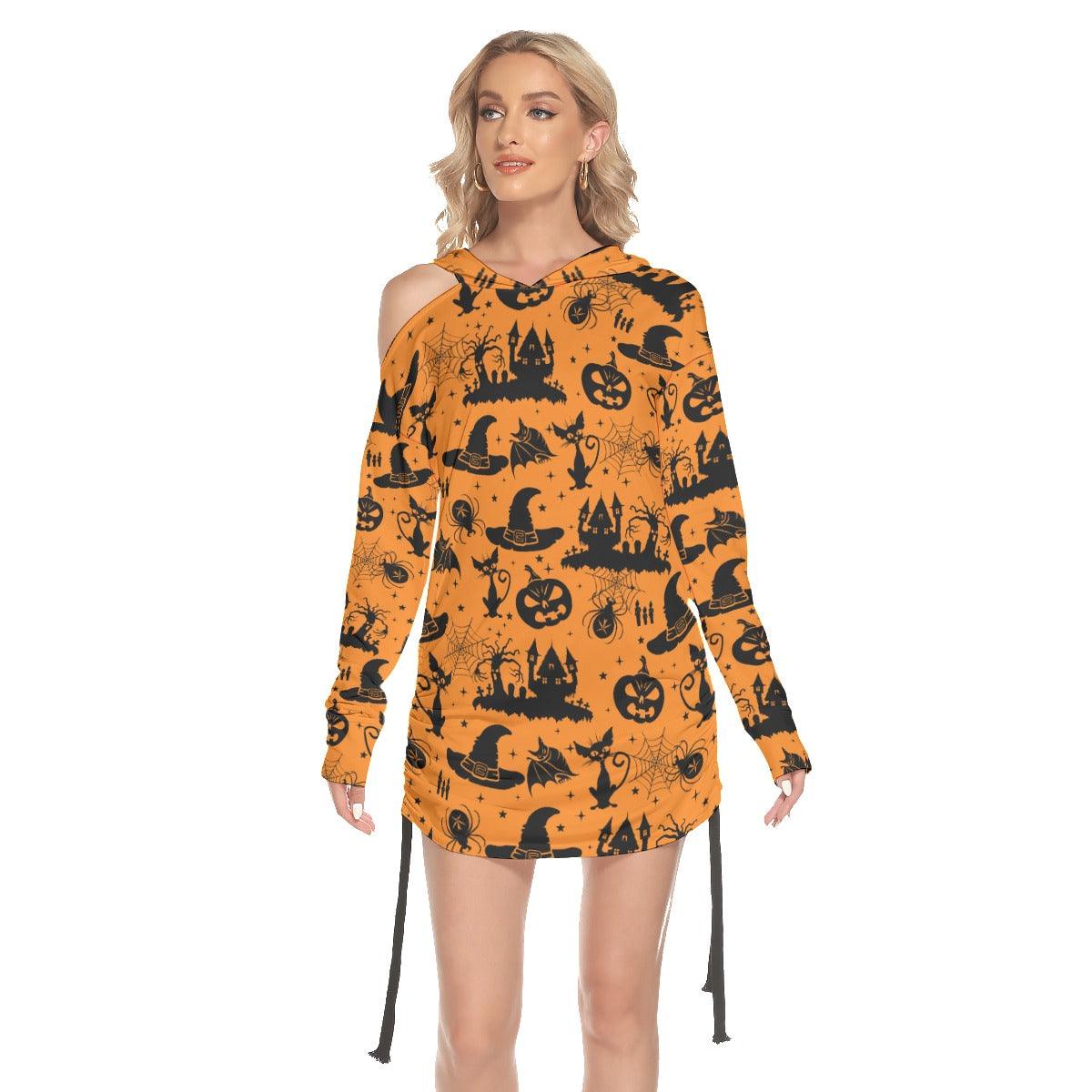Halloween Cat Pumpkin All Over Print Women One Shoulder Dress With Waist Shirring, Long Hoodie For Women - Wonder Skull