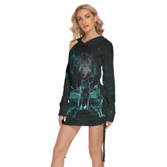 Shadow Head Of Wolves All Over Print Women One Shoulder Dress With Waist Shirring, Long Hoodie For Women - Wonder Skull