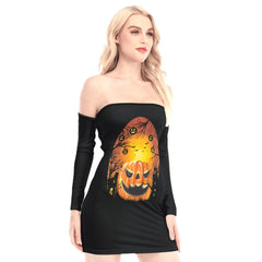 Laughing Scary Pumpkin Off-shoulder Back Lace-up Dress - Wonder Skull