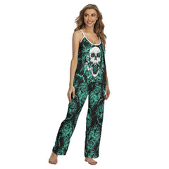 Green Skull Rose Cami Pajamas Sets For Women Sleepwears Combo - Wonder Skull