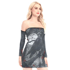 Raven Artwork Off-shoulder Back Lace-up Dress - Wonder Skull