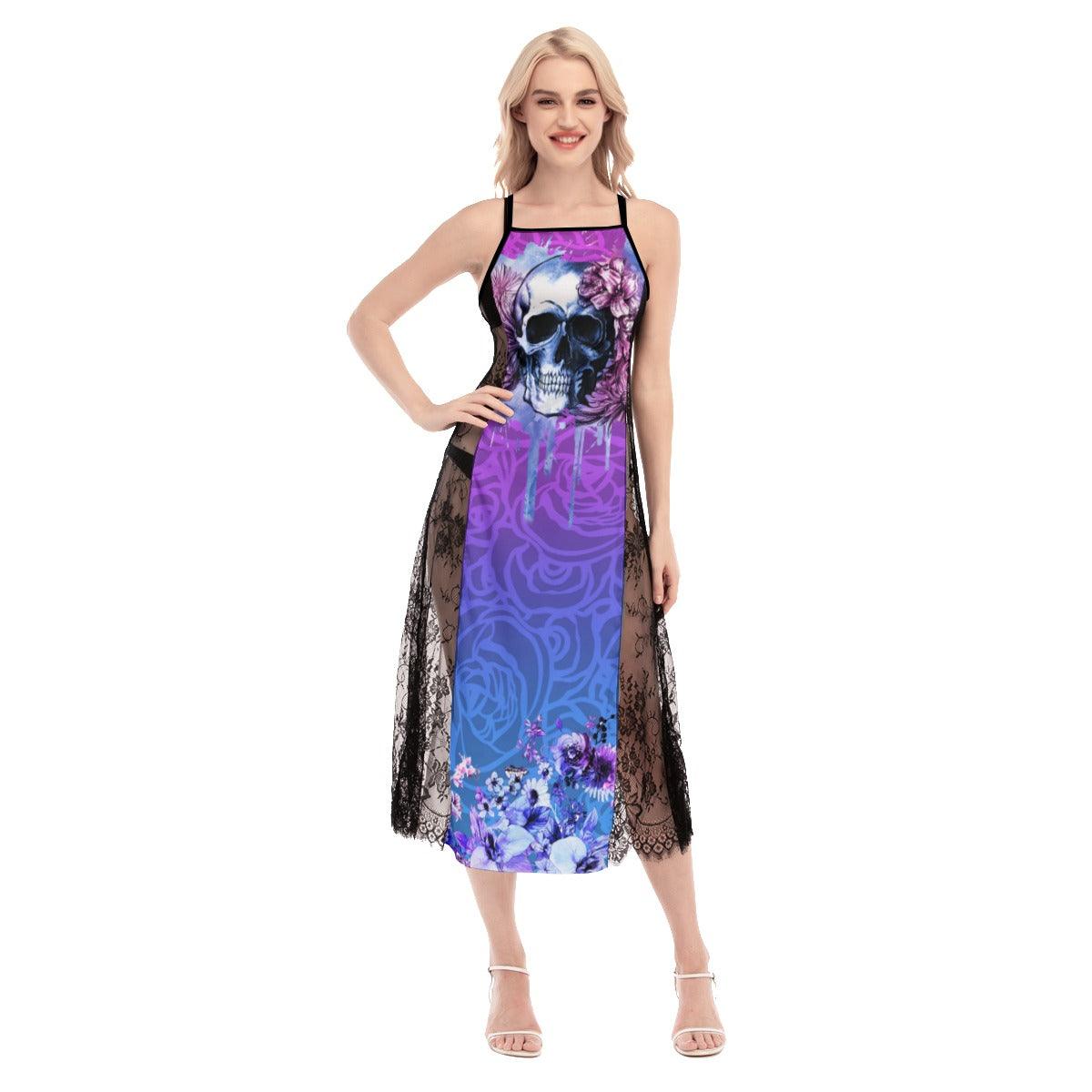 Hot Skull Rose Lace Cami Cross Back Women Dress - Wonder Skull