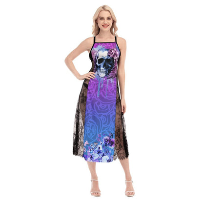 Hot Skull Rose Lace Cami Cross Back Women Dress - Wonder Skull