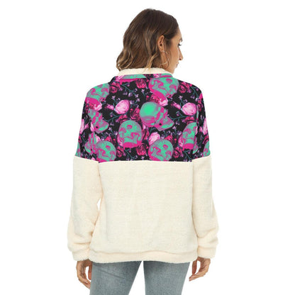 Green Pasteul Skull Fleece Sweatshirt With Half Zip - Wonder Skull