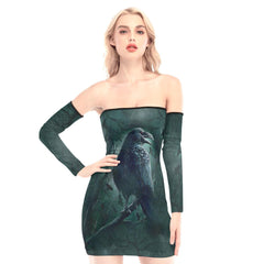 Raven In Dark Green Forest Off-shoulder Back Lace-up Dress - Wonder Skull