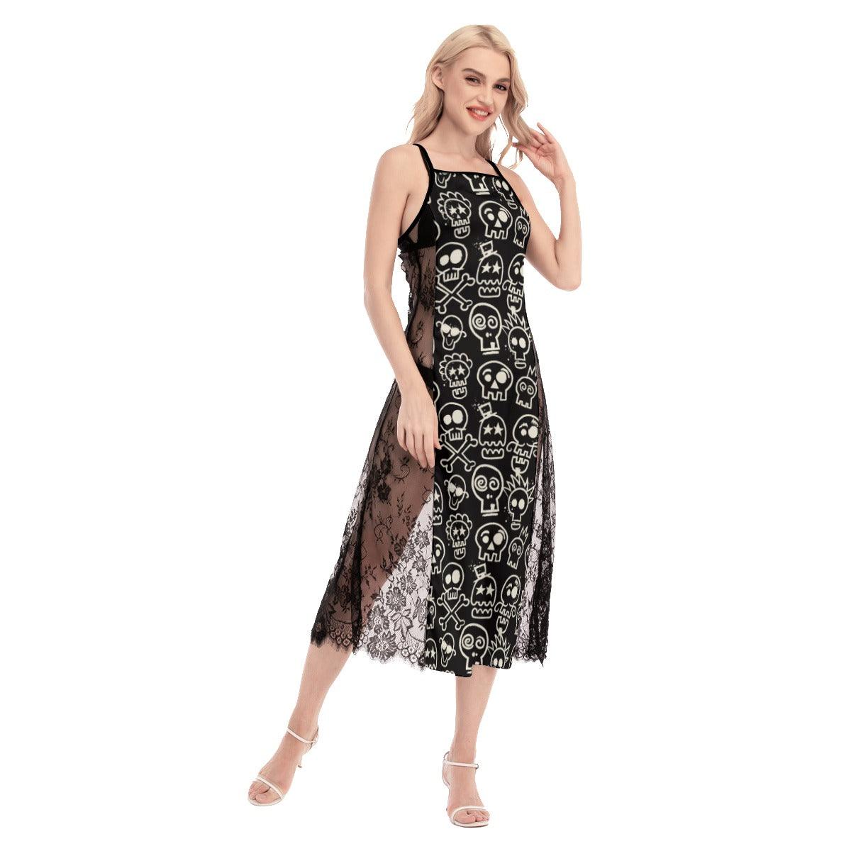 Hot Black Gothic Skull Pattern Lace Cami Cross Back Women Dress - Wonder Skull