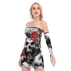 Skull Rose Red Tie Dye Off-shoulder Back Lace-up Dress - Wonder Skull