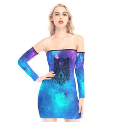 Blue Galaxy Wolf Off-shoulder Back Lace-up Dress - Wonder Skull