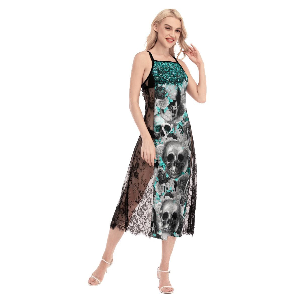 Blue Gothic Skull Pattern Lace Cami Cross Back Women Dress - Wonder Skull