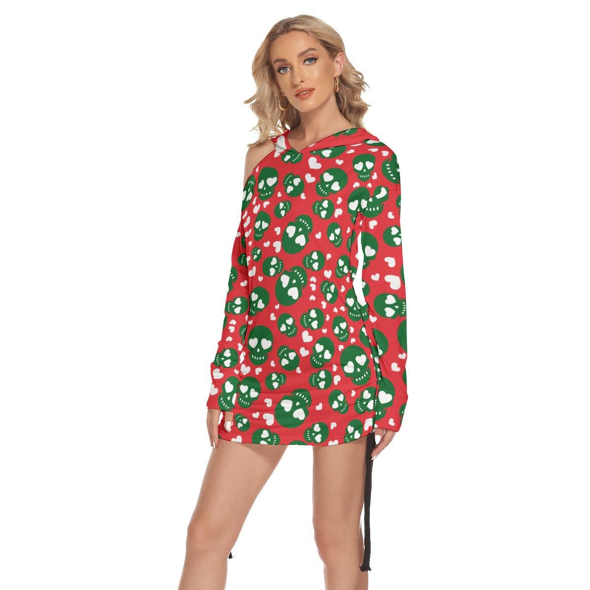 Christmas Green Red Skull Print Open Shoulder Dress - Wonder Skull