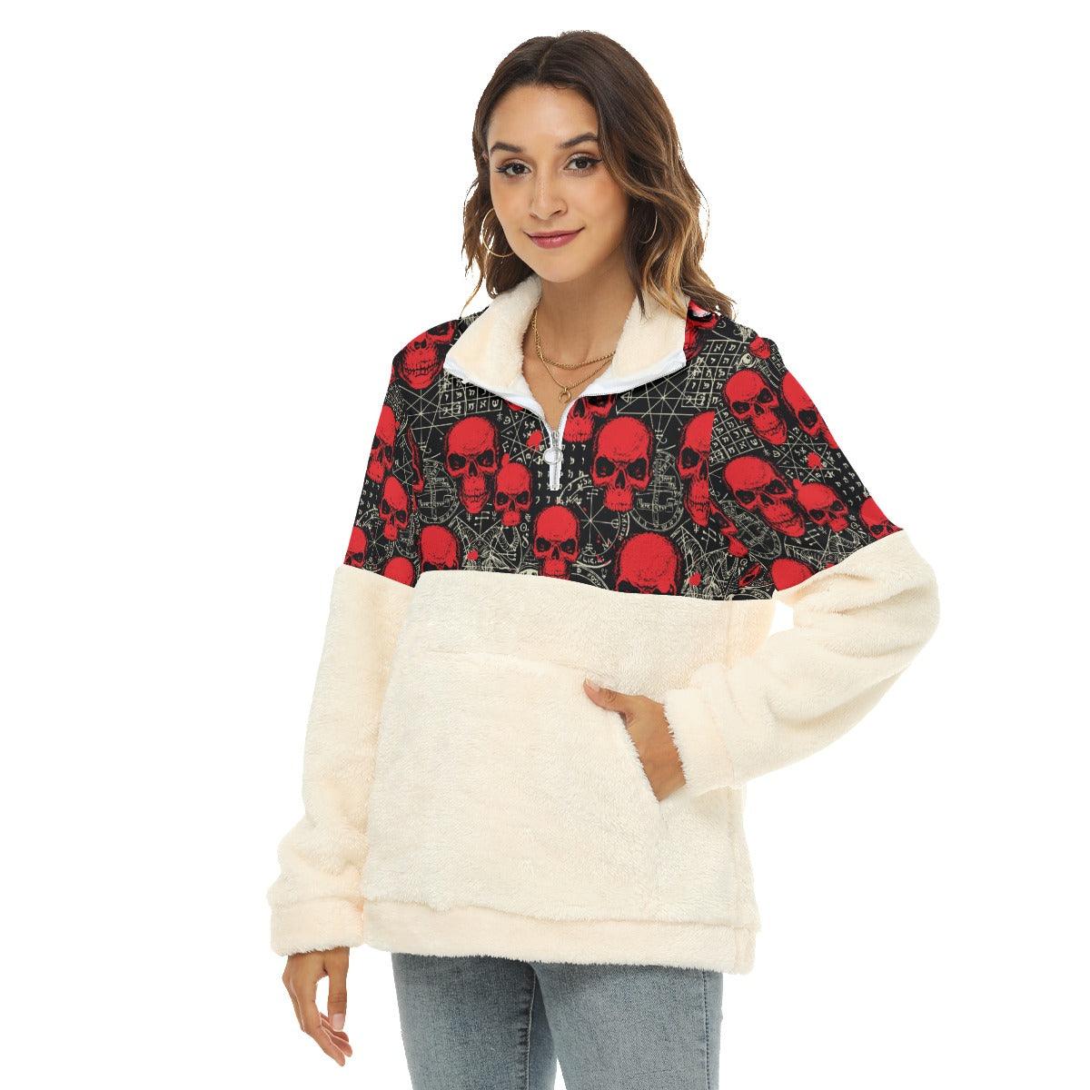 Red Skull Borg Fleece Sweatshirt With Half Zip - Wonder Skull