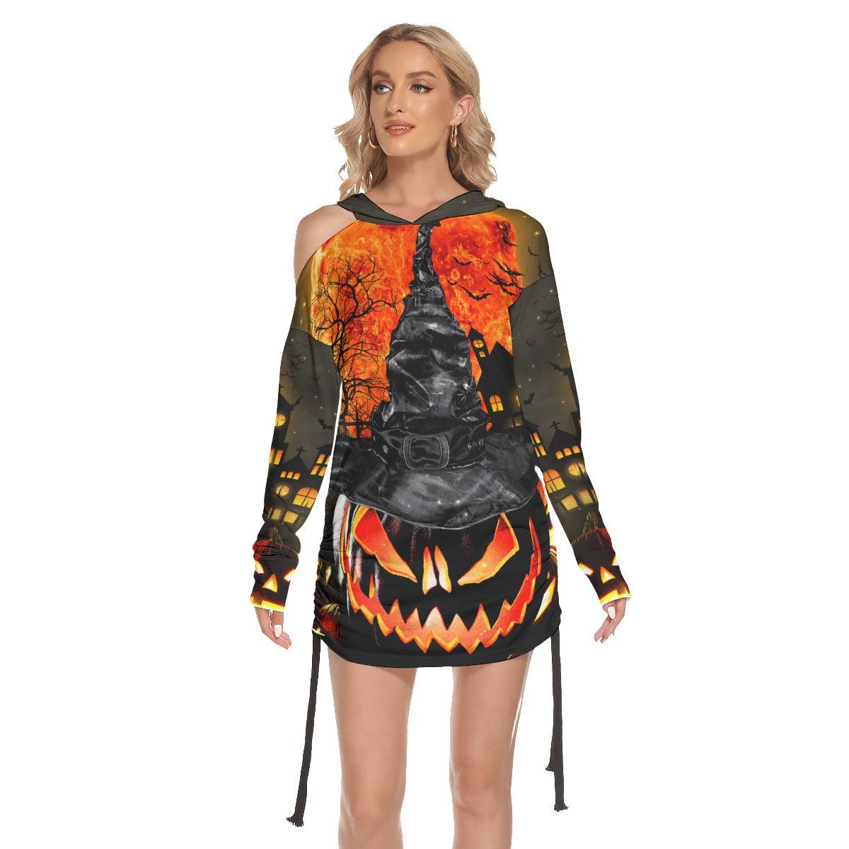 Halloween Witchy Pumpkin All Over Print Women One Shoulder Dress With Waist Shirring, Long Hoodie For Women - Wonder Skull