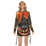 Halloween Witchy Pumpkin All Over Print Women One Shoulder Dress With Waist Shirring, Long Hoodie For Women - Wonder Skull