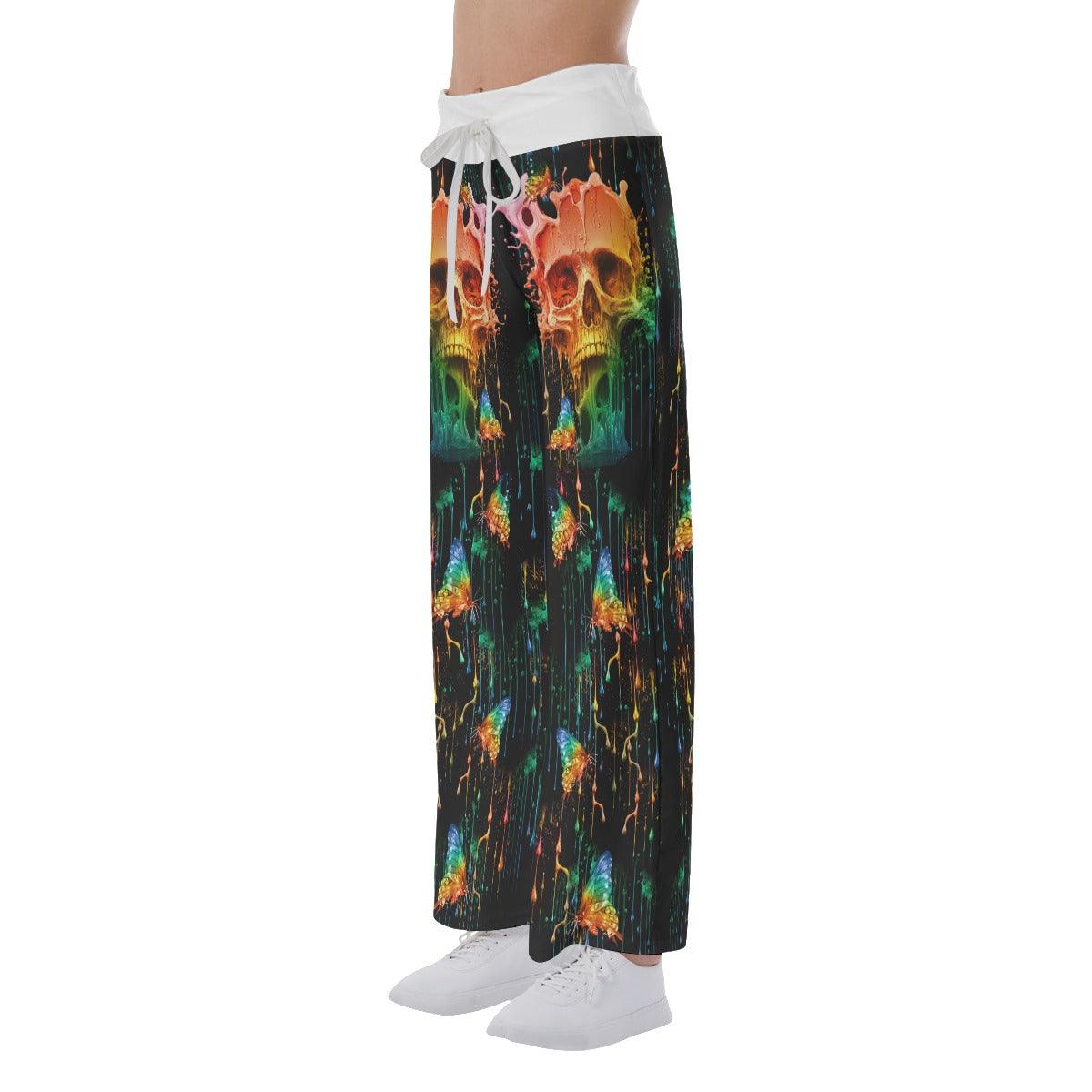Water Color Skull Butterfly High-waisted Wide Leg Pants - Wonder Skull