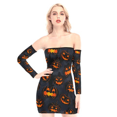 Halloween Pumpkin Off-shoulder Back Lace-up Dress - Wonder Skull