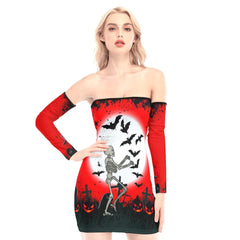 Halloween Dancing Skeleton Off-shoulder Back Lace-up Dress - Wonder Skull