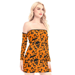 Orange Bat Off-shoulder Back Lace-up Dress - Wonder Skull