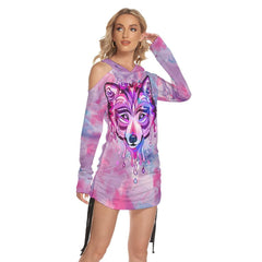 Purple & Pink Wolf All Over Print Women One Shoulder Dress With Waist Shirring, Long Hoodie For Women - Wonder Skull