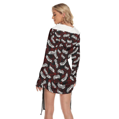 Bat Spider Net All Over Print Women One Shoulder Dress With Waist Shirring - Wonder Skull