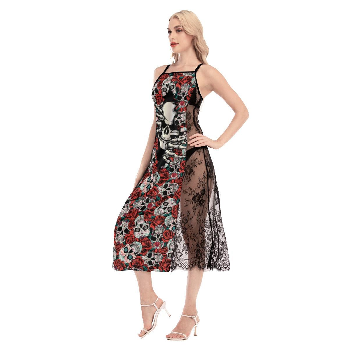 Rose Crack Skull Pattern Lace Cami Cross Back Women Dress - Wonder Skull