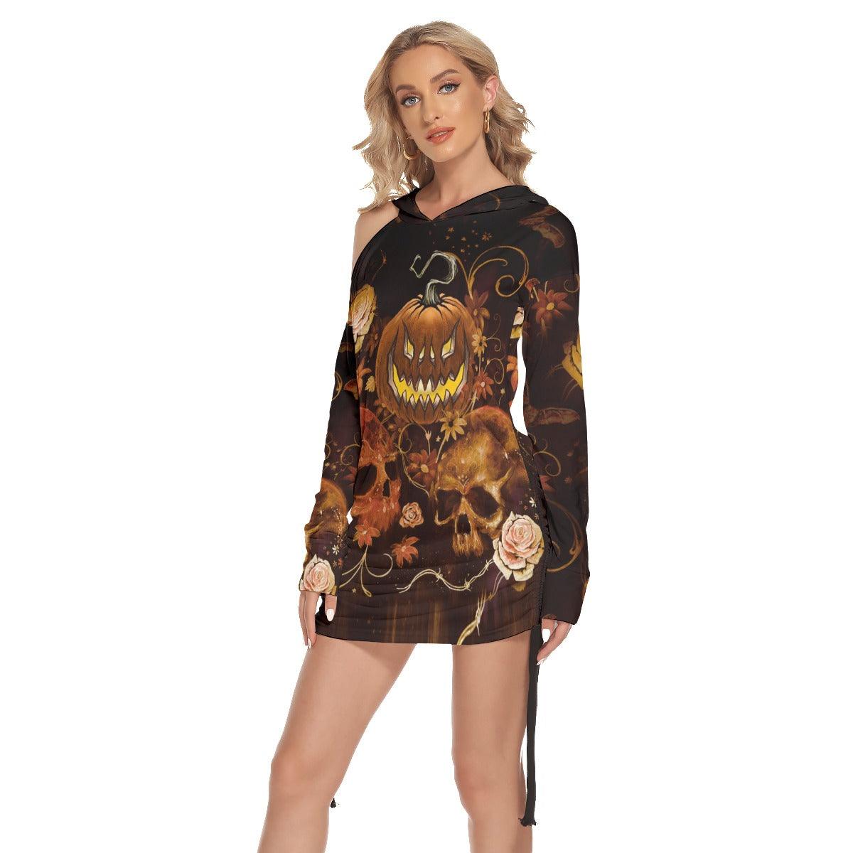 Halloween Skull Pumpkin Night All Over Print Women One Shoulder Dress With Waist Shirring, Long Hoodie For Women - Wonder Skull