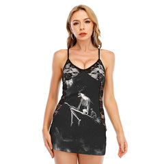 Witchy On Sky All-Over Print Women Black Lace Cami Dress, Slay Nightwear For Women - Wonder Skull