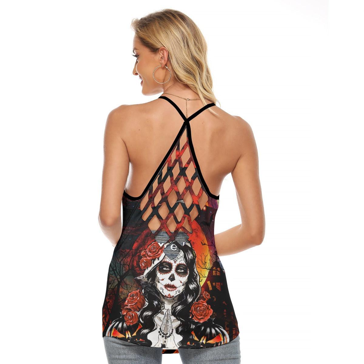 Halloween Girl Pumpkin Criss-Cross Open Back Tank Top, Hot T-Shirt For Women - Wonder Skull