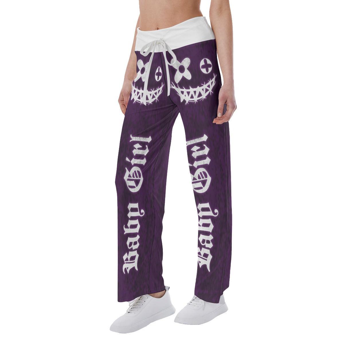Dark Purple Bae Girl Skull High-waisted Wide Leg Pants - Wonder Skull