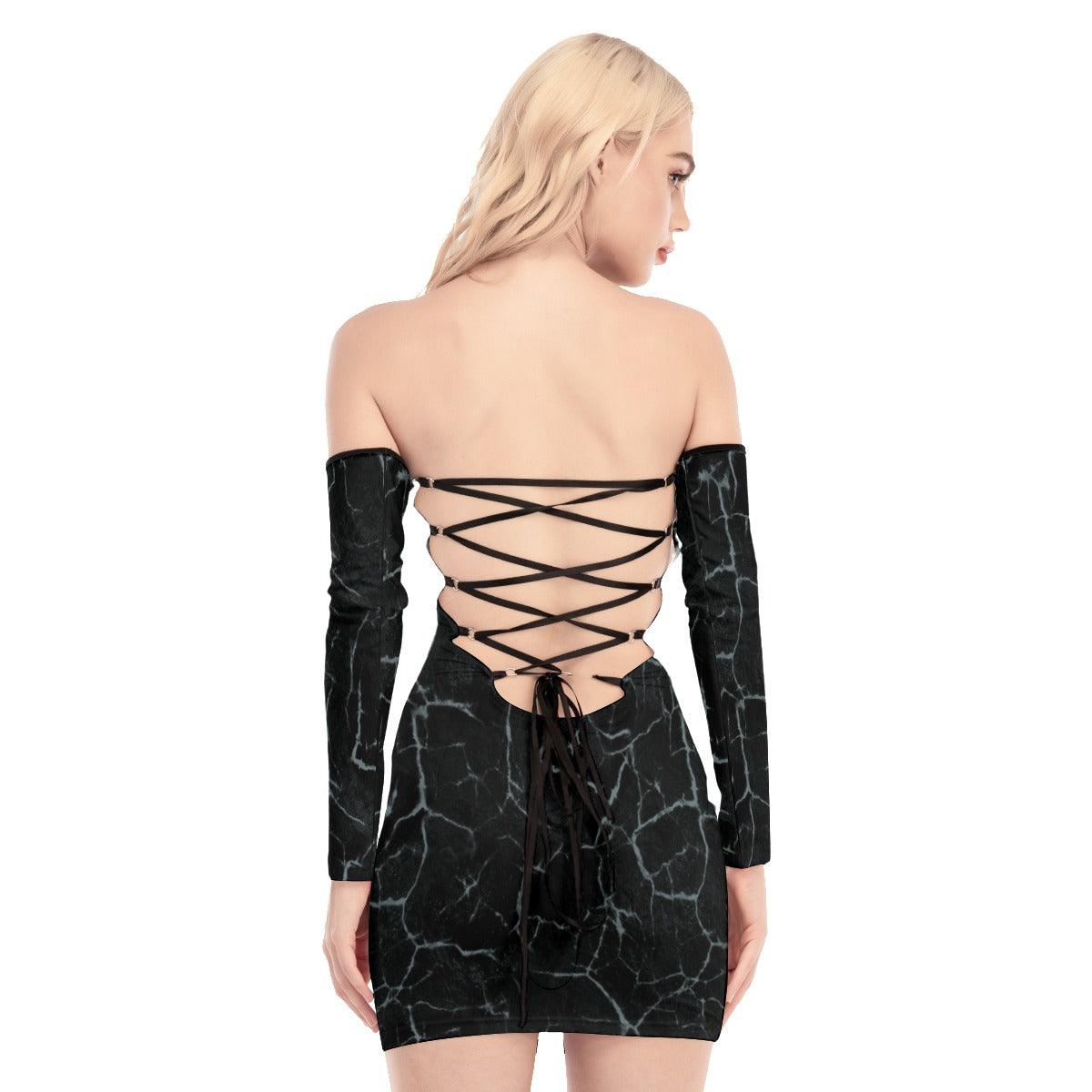 Skull Rose Crack Off-shoulder Back Lace-up Dress - Wonder Skull