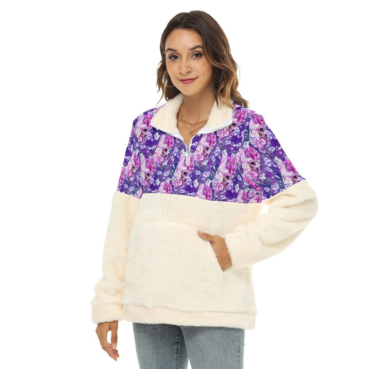 Purple Skull Rose Pattern Fleece Sweatshirt With Half Zip - Wonder Skull