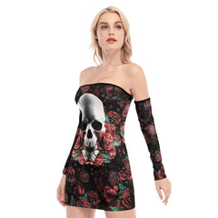 Skull Sugar Red Rose Off-shoulder Back Lace-up Dress - Wonder Skull