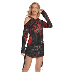 Cat Gothic All Over Print Women One Shoulder Dress With Waist Shirring, Long Hoodie For Women - Wonder Skull