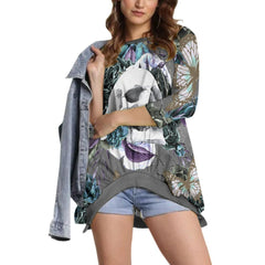 Skull Flower Sweatshirt With Irregular Pleated Hem - Wonder Skull