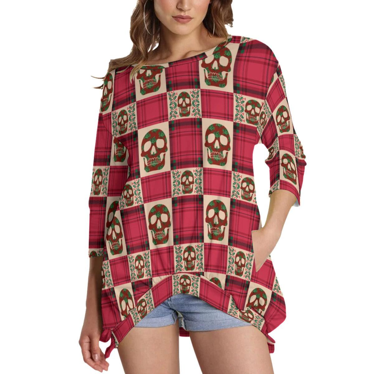 Skull Buffalo Plaid Sweatshirt With Irregular Pleated Hem - Wonder Skull