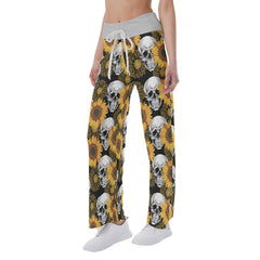 Skull Flower Pattern Pajama Pants Print Drawstring Palazzo Lounge - Wonder Skull