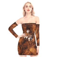 Triple Wolf Off-shoulder Back Lace-up Dress - Wonder Skull