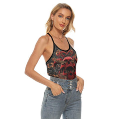 Red Ornament Skull Gothic Criss-Cross Open Back Tank Top, Coolest T-Shirt For Women - Wonder Skull