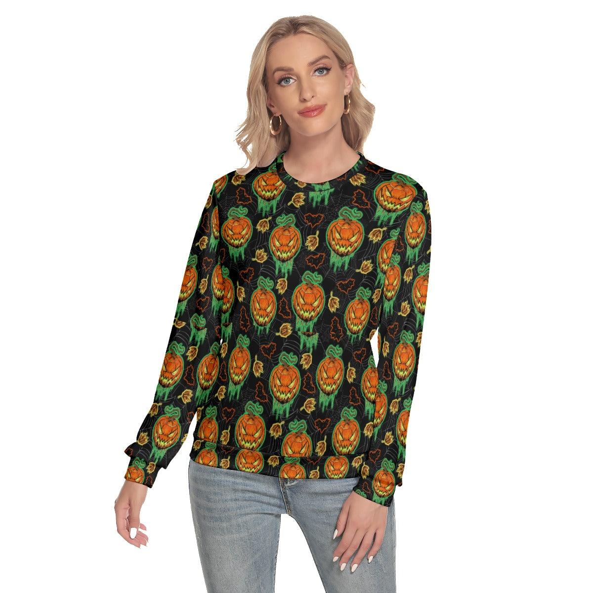 Glowing Scary Pumpkin Slim Round Neck Sweatshirt - Wonder Skull
