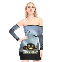 Trick Or Treat Pumpkin Off-shoulder Back Lace-up Dress - Wonder Skull