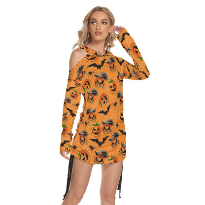 Halloween Bat Pumpkin All Over Print Women One Shoulder Dress With Waist Shirring, Long Hoodie For Women - Wonder Skull