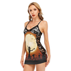 Halloween Skull Zombie Awake All-Over Print Women Black Lace Cami Dress, Sexy Nightwear For Women - Wonder Skull