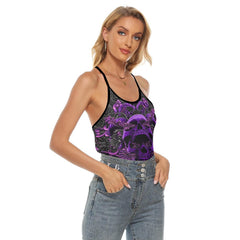 Purple Ornament Skull Gothic Criss-Cross Open Back Tank Top, Coolest T-Shirt For Women - Wonder Skull