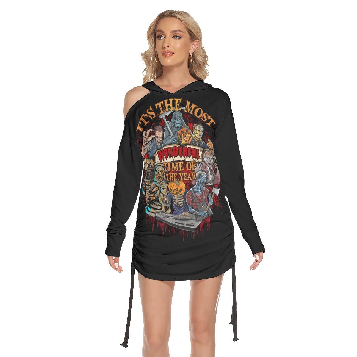 It's The Most Time All Over Print Women One Shoulder Dress With Waist Shirring, Halloween Long Hoodie For Women - Wonder Skull