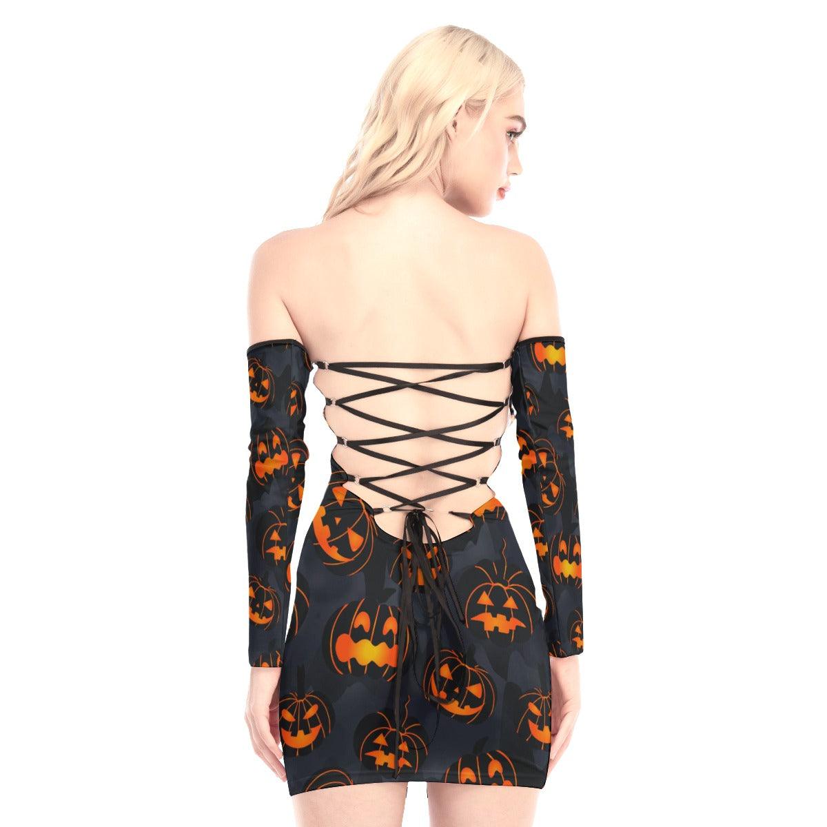 Halloween Pumpkin Off-shoulder Back Lace-up Dress - Wonder Skull