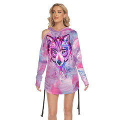 Purple & Pink Wolf All Over Print Women One Shoulder Dress With Waist Shirring, Long Hoodie For Women - Wonder Skull