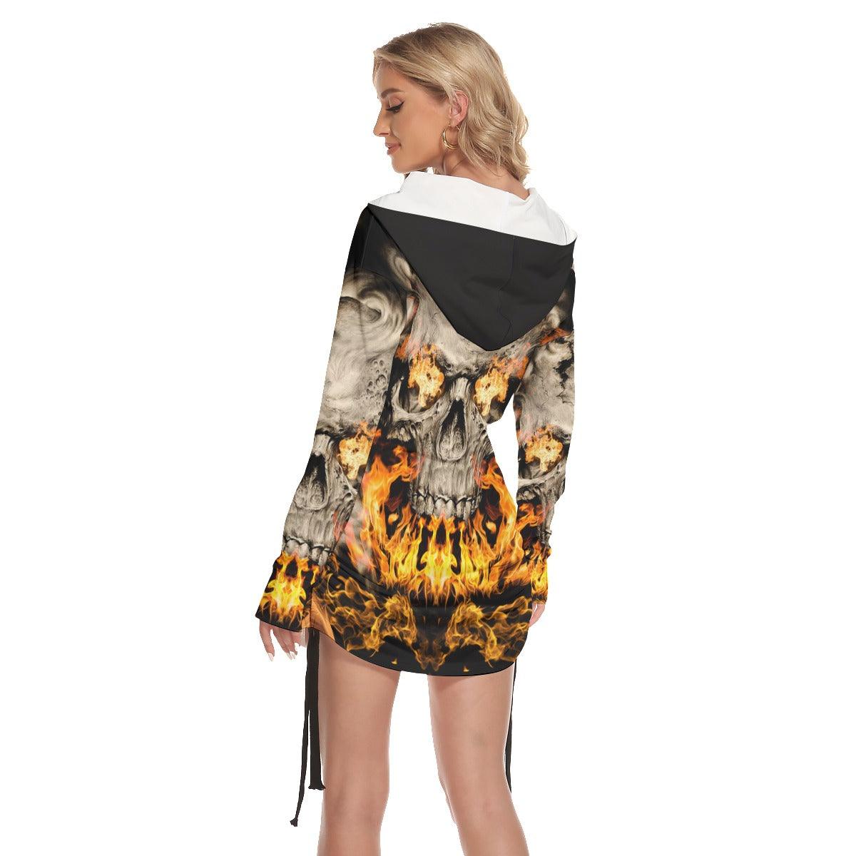 Skull Gothic Flame All-Over Print Women One Shoulder Dress With Waist Shirring, Hot Long Hoodie For - Wonder Skull