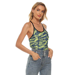 Green Blue Skull Camo Pattern Criss-Cross Open Back Tank Top, Trending T-Shirt For Women - Wonder Skull