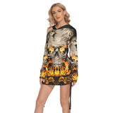 Skull Gothic Flame All-Over Print Women One Shoulder Dress With Waist Shirring, Hot Long Hoodie For - Wonder Skull