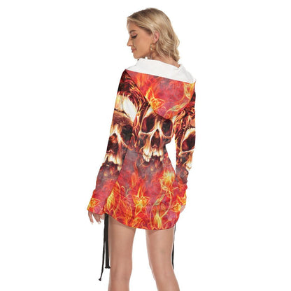 Skull Fire Heaven All Over Print Women One Shoulder Dress With Waist Shirring, Long Hoodie For Women - Wonder Skull